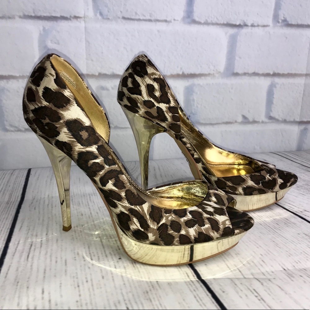 Animal Print Gold Platform Peep Toe Stiletto